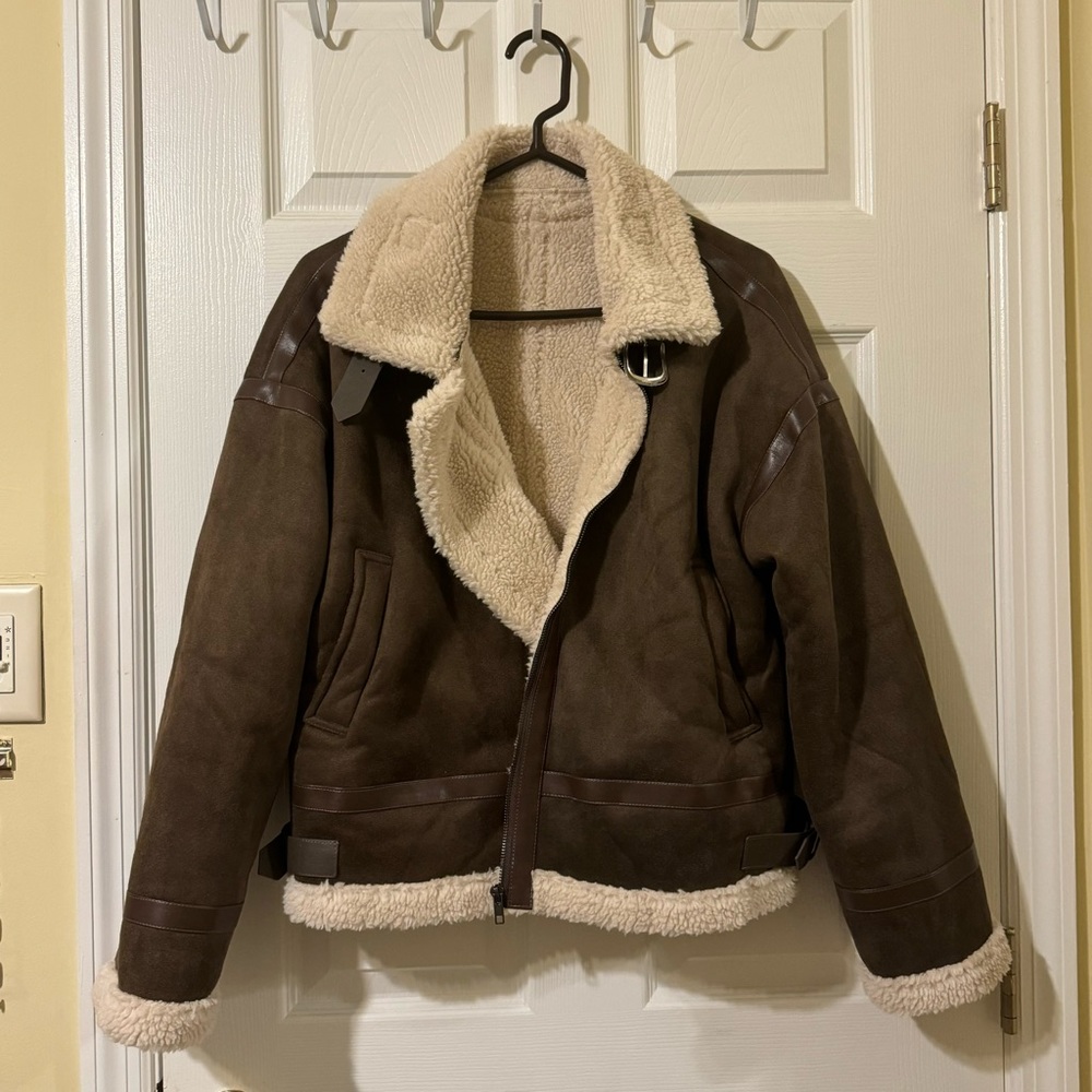 Drop Shoulder Teddy Lined Zip Up Jacket